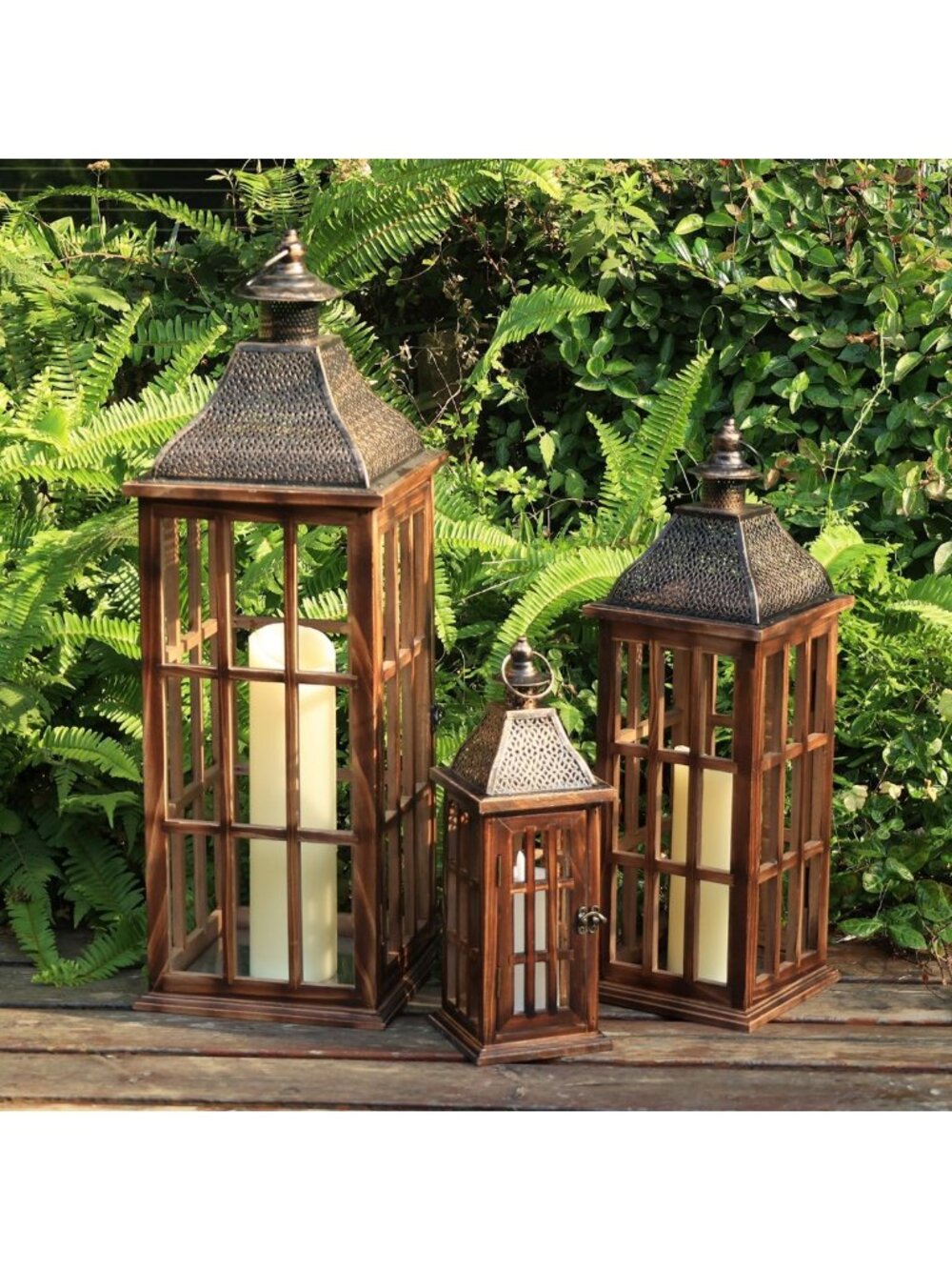 Rustic Wooden & Metal Lantern Set of 3 - Farmhouse Decor for Indoor/Outdoor Use